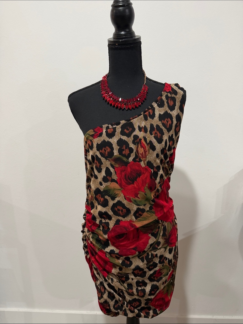 Fashion Nova Red Rose Leopard One-Shoulder Bodycon Dress